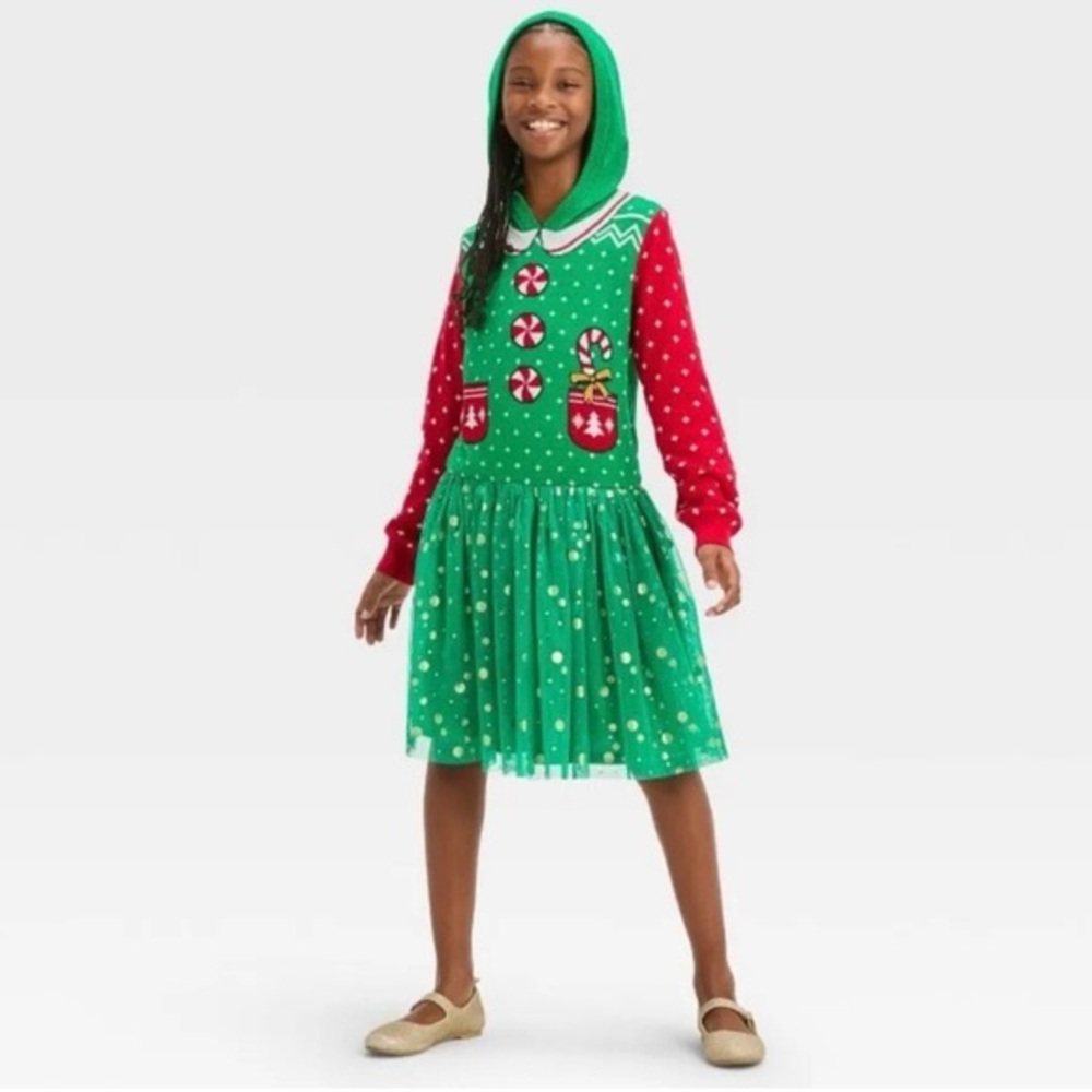 Girls or Women' Holiday Christmas Elf Sweater Tutu Dress With Hood - Green XL